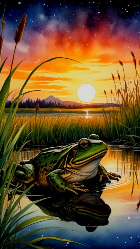 Watercolor Bullfrog Croaking at Sunset by Pond