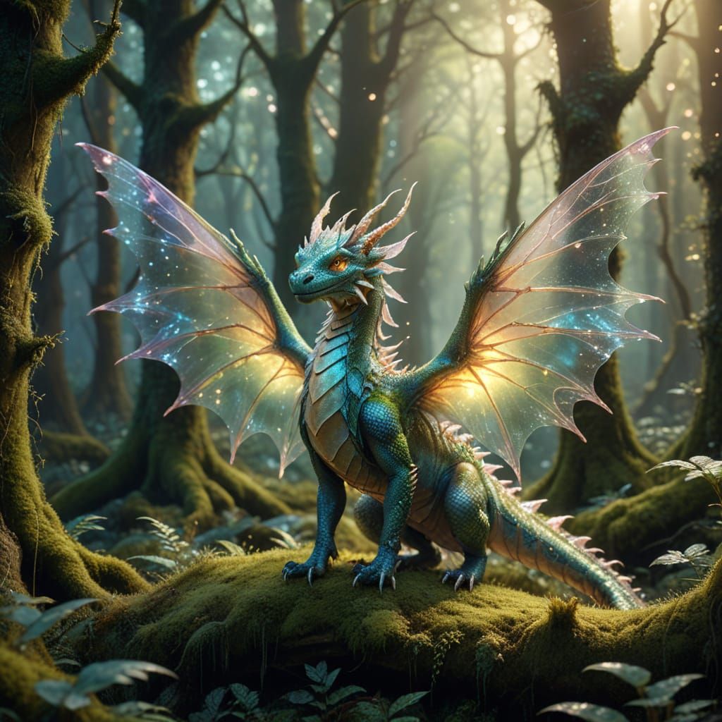 Fairy Dragon with Iridescent Wings in Magical Forest