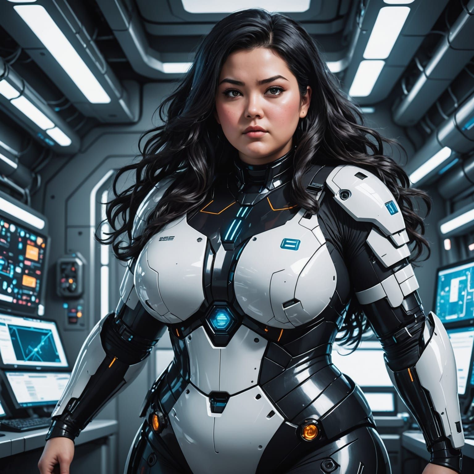 Futuristic Plus-Sized Female Scientist in Hi-Tech Environmen...