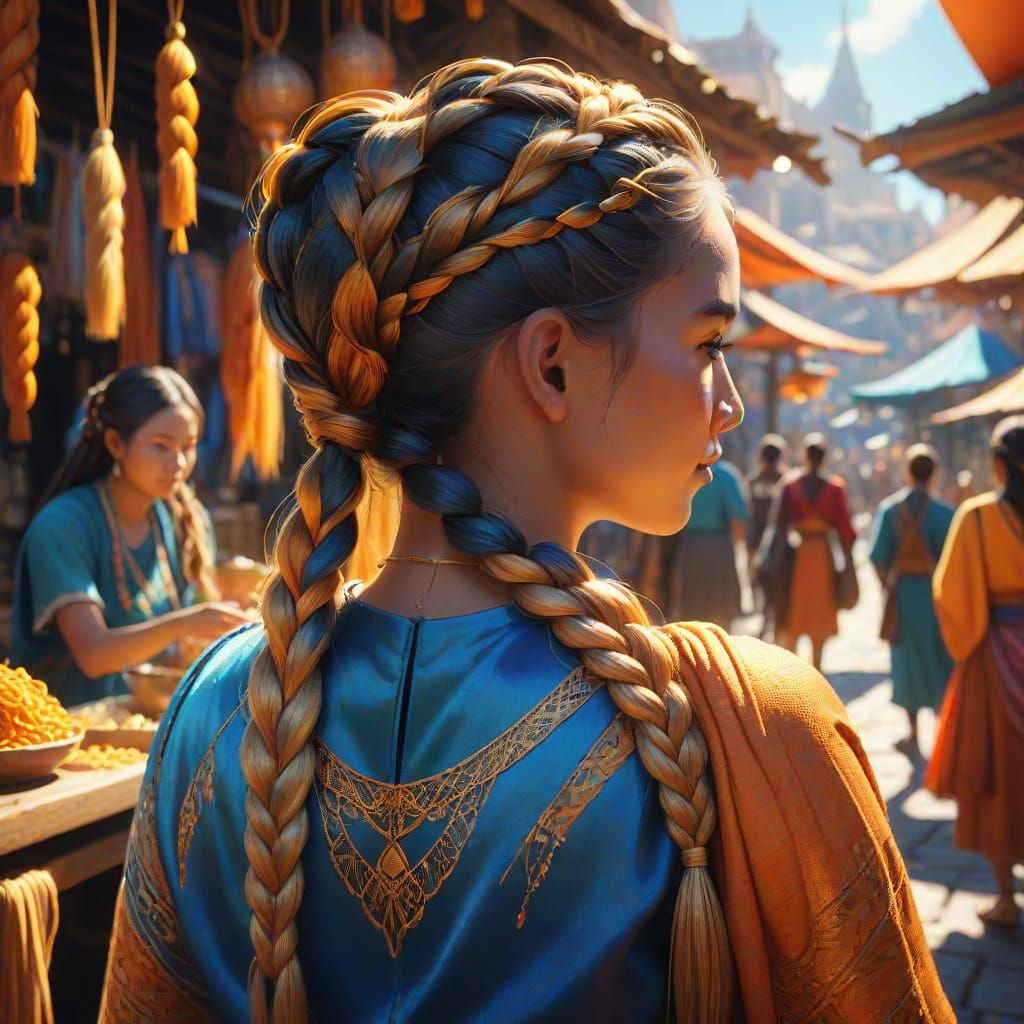 Braiding Hair with Golden Threads in Fantasy Marketplace