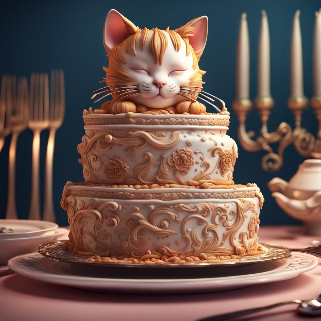 Delicious Cat Cake Sculpture with Filigree Decorations