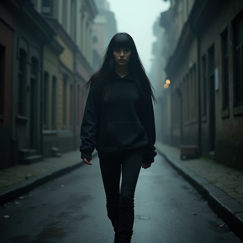 Woman Walks Down a Narrow, Dimly Lit Street