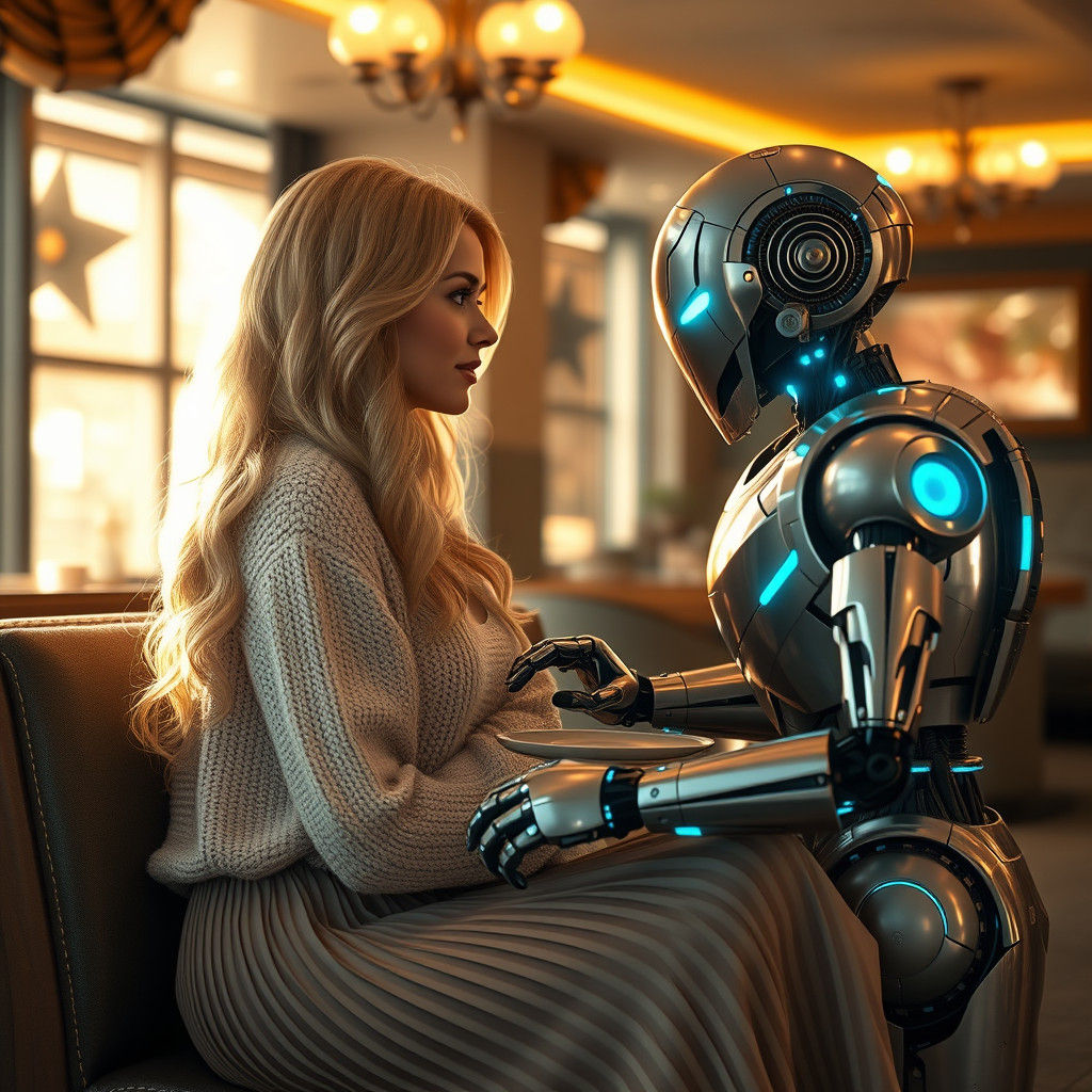 Woman and Robot in Restaurant, Matte Painting Style