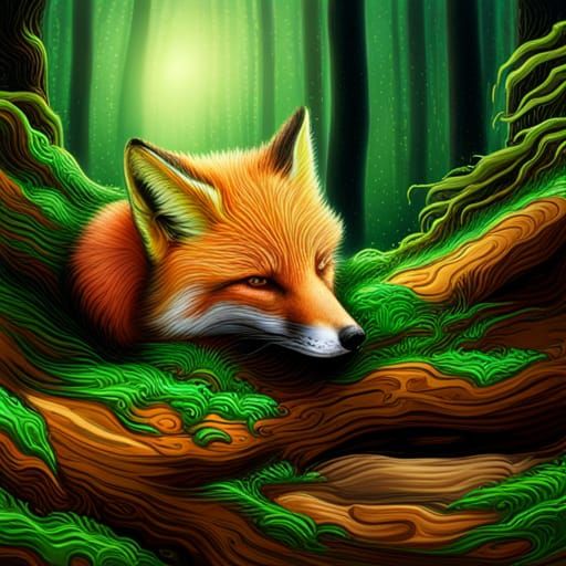 Mint Green Fox Under Mossy Log in Astral Style