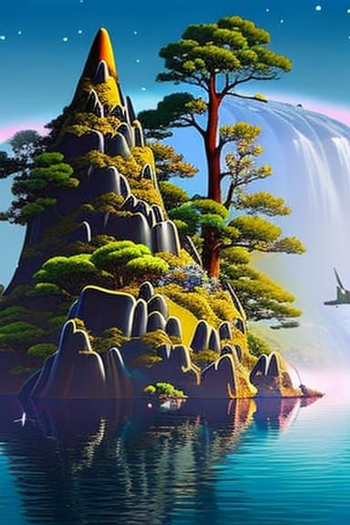 Magical Floating Island in Space: Rococo Illustration