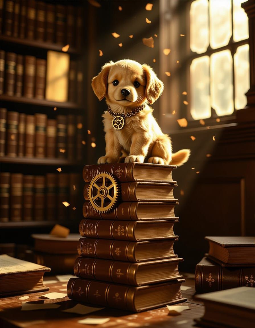 Golden Retriever Puppy of Wood and Brass on Antique Books