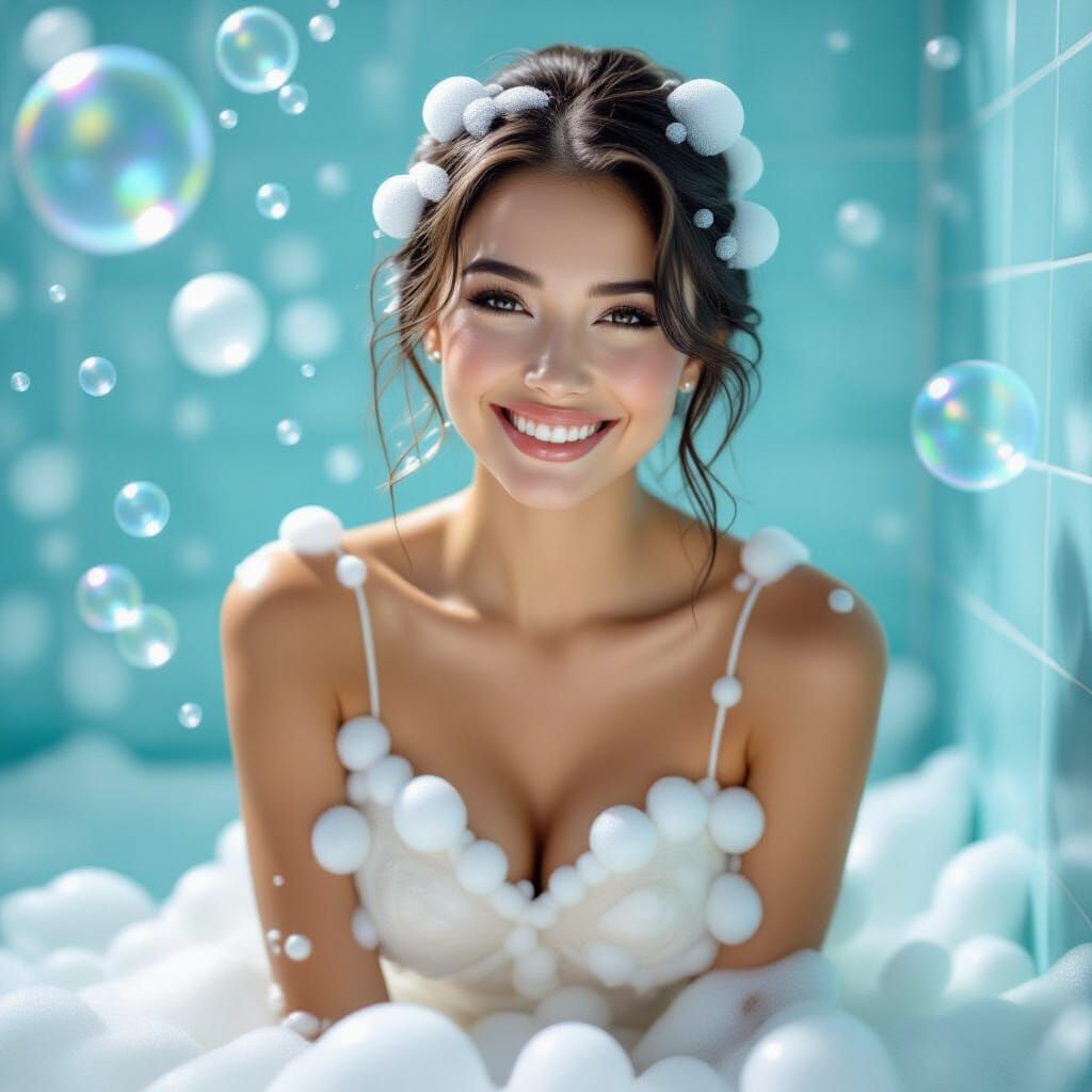 Beautiful Woman in Foam Bubble Dress in Soapy Bathroom