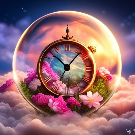 Glowing Clock with Flowers in Glass Orb