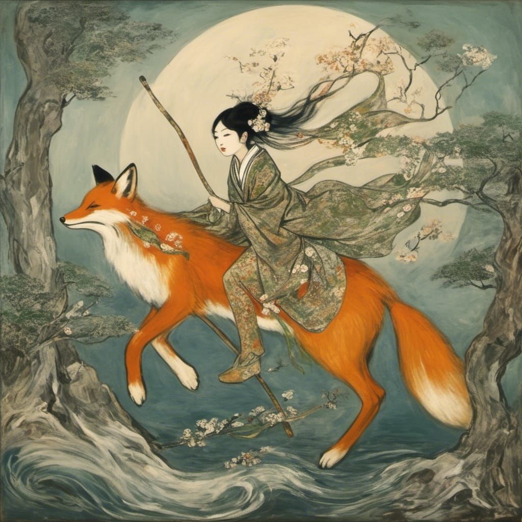 Japanese Dryad Riding a Fox in Forest