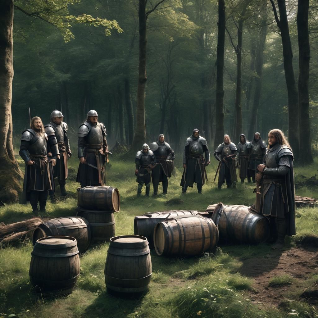 Medieval Mercenaries Guard Barrels in Grassy Clearing