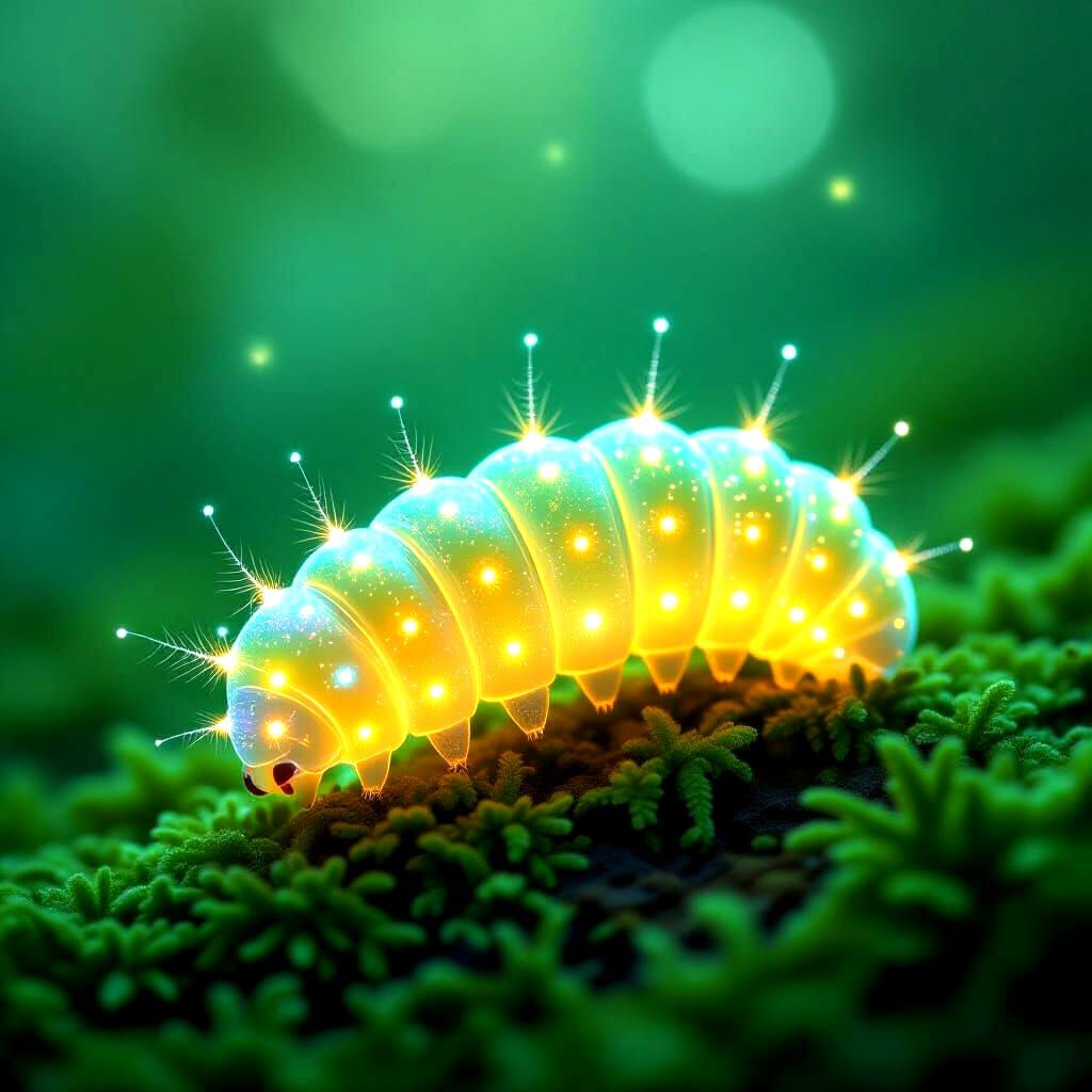 Bioluminescent Caterpillar Macro Shot in Digital Matte Paint...