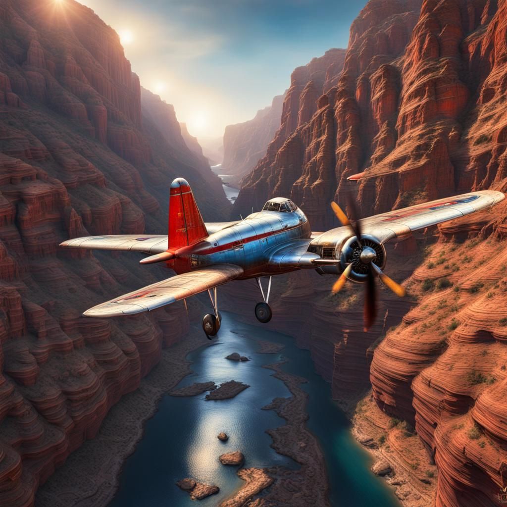 Vintage Plane Flies Through Red and Blue Canyon