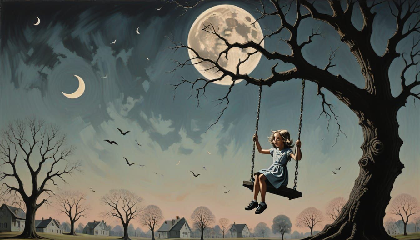 Dadaist Nightmare: Girl on Swing Under Two Moons