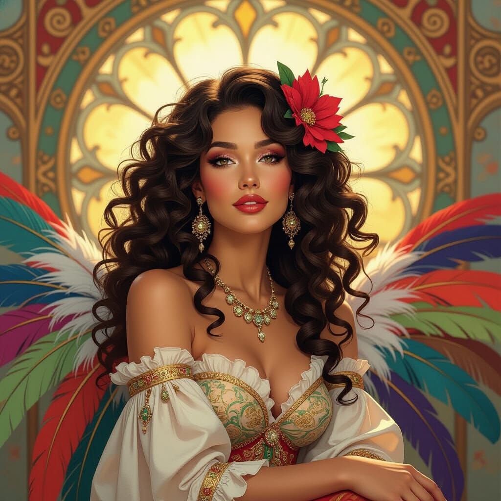 Elegant Woman with Feathers: Art Nouveau Portrait