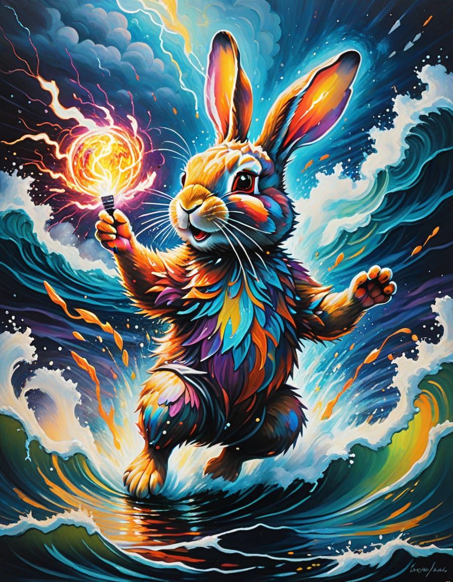 Glowing Rabbit Conjures Ocean Storm: Impasto Painting
