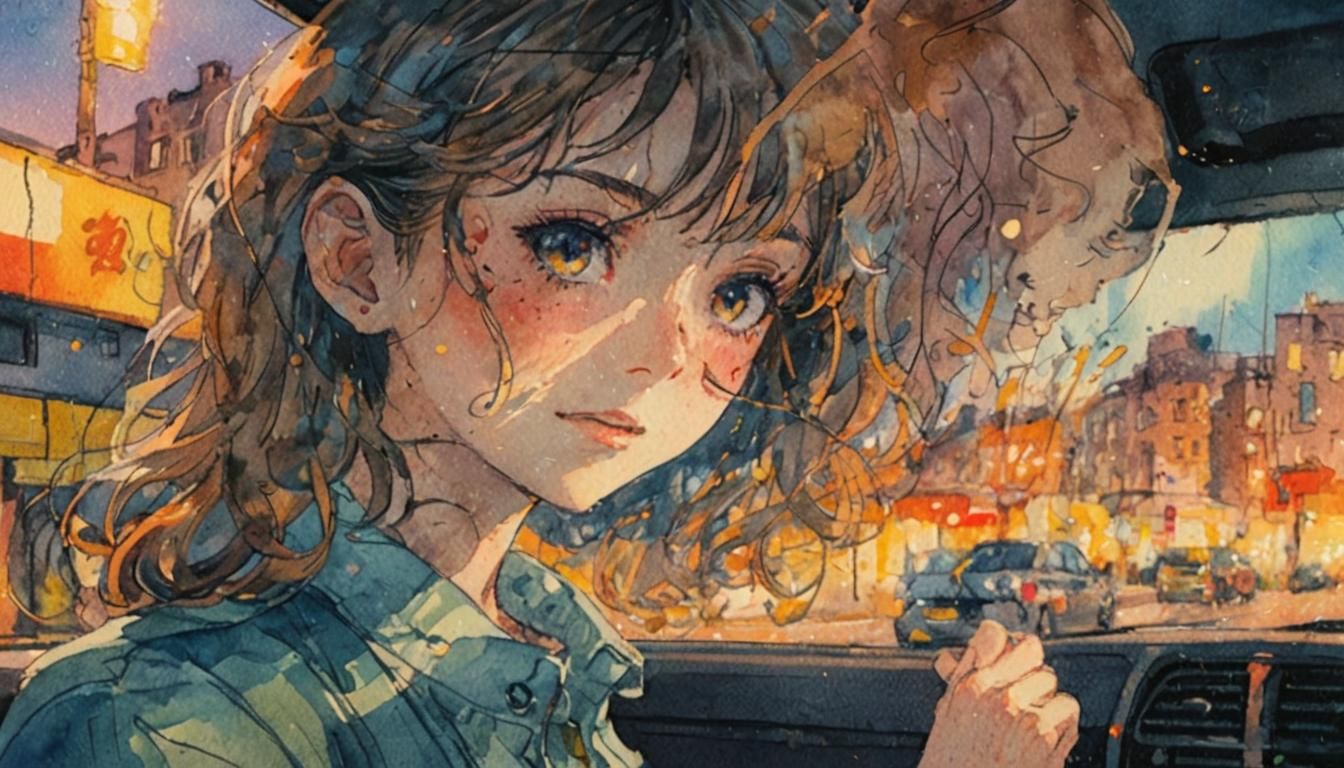 Car Window View in Watercolor Anime Style