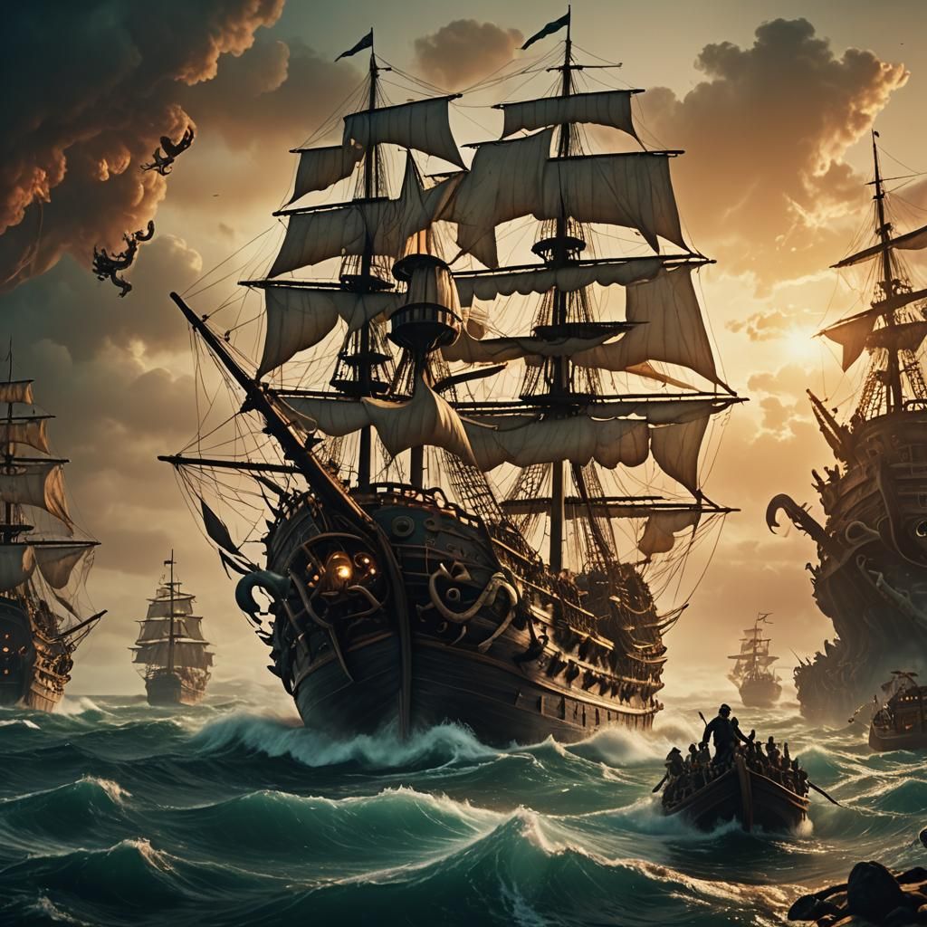 Pirate Ship Under Attack by Sea Monster