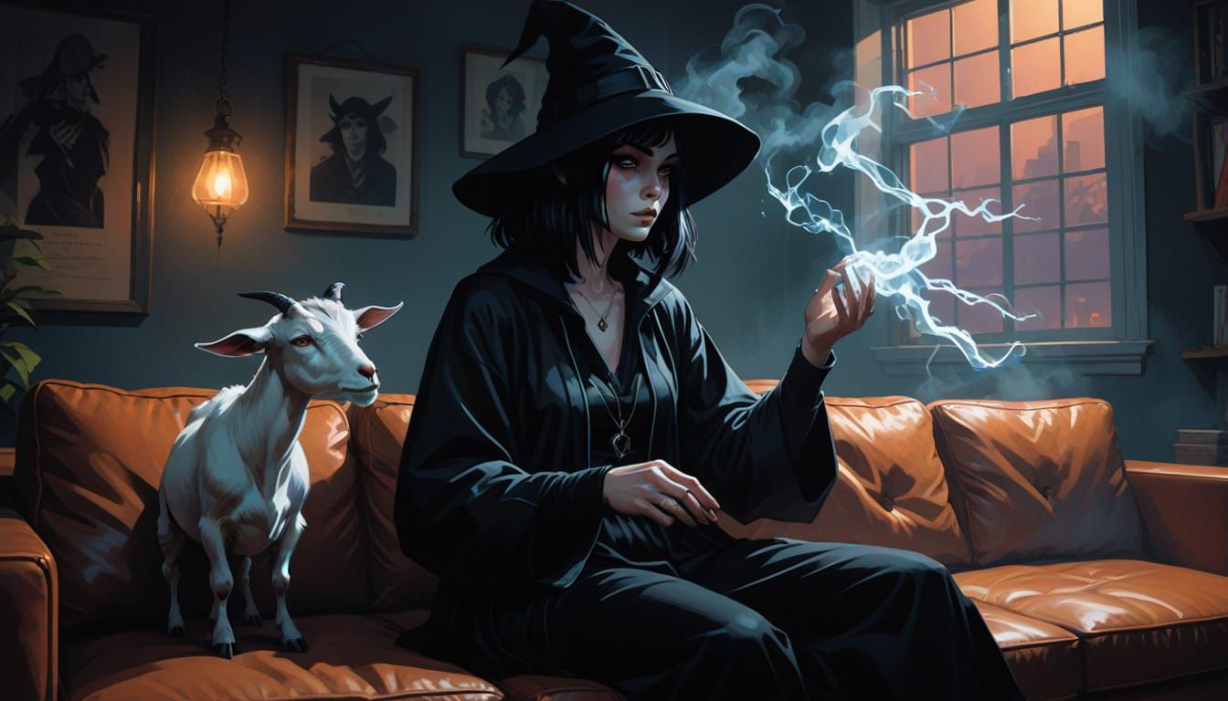 Goth Witch Summons Ghost Goat: Film Noir Comic Art