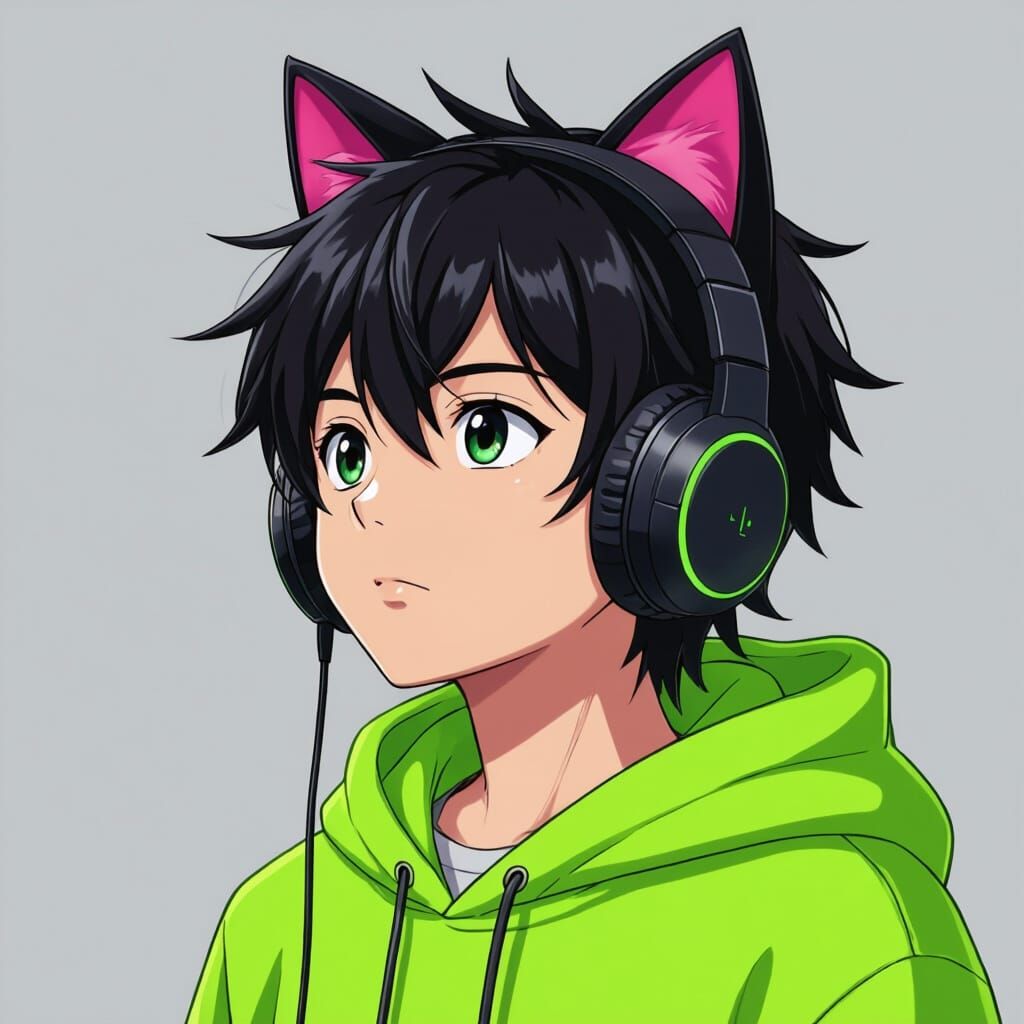 Anime Boy with Cat Ears in Neon Style