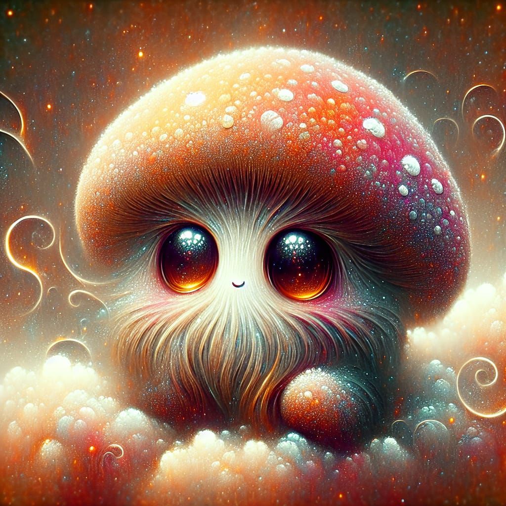 Cute Furry Mushroom Creature on a Cloud