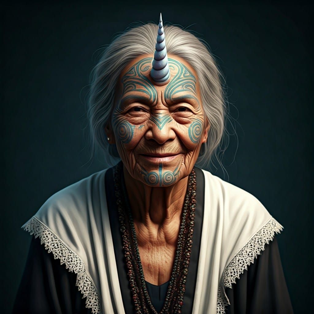 Tattooed Woman with Unicorn Horn in Fantasy Portrait