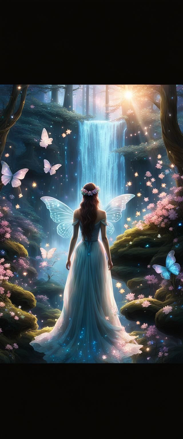 Enchanted Forest Scene with Woman and Glowing Flora