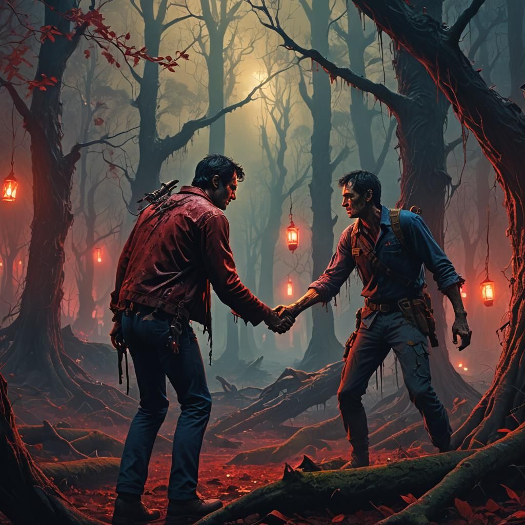 Ash Williams and Zombie Lover in Mystical Forest