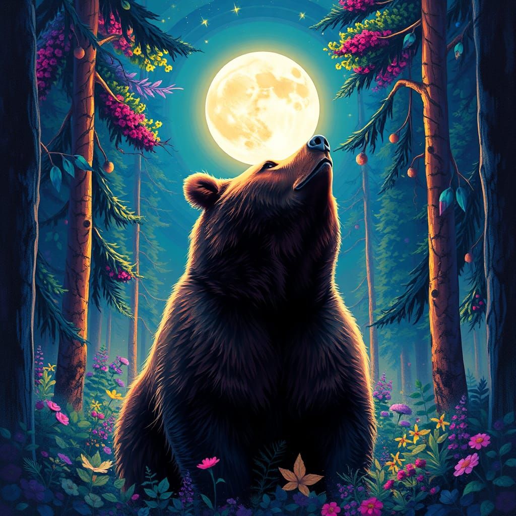 Brown Bear Gazing at Moon in Street Art Style