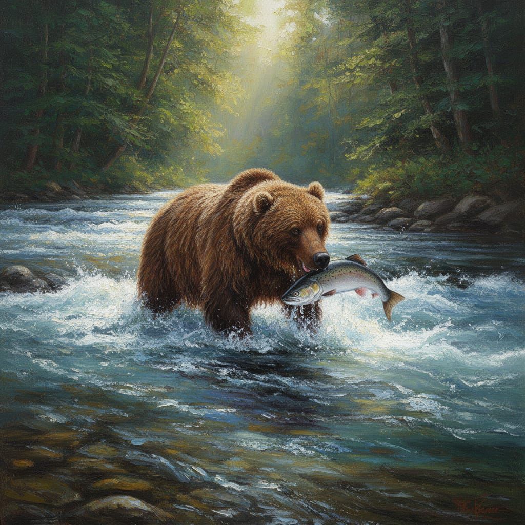 Bear Catches Salmon in Sunlit Forest River Oil Painting