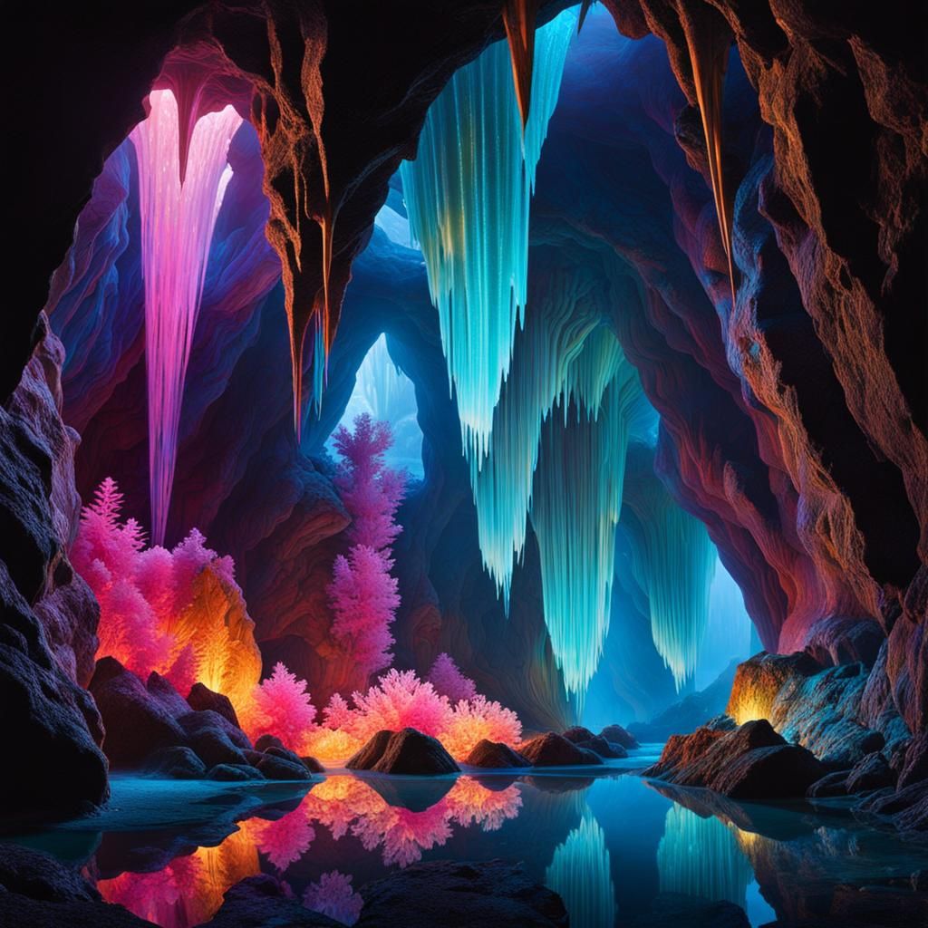 Bioluminescent Crystal Caves in Colorful Graffiti Art Style