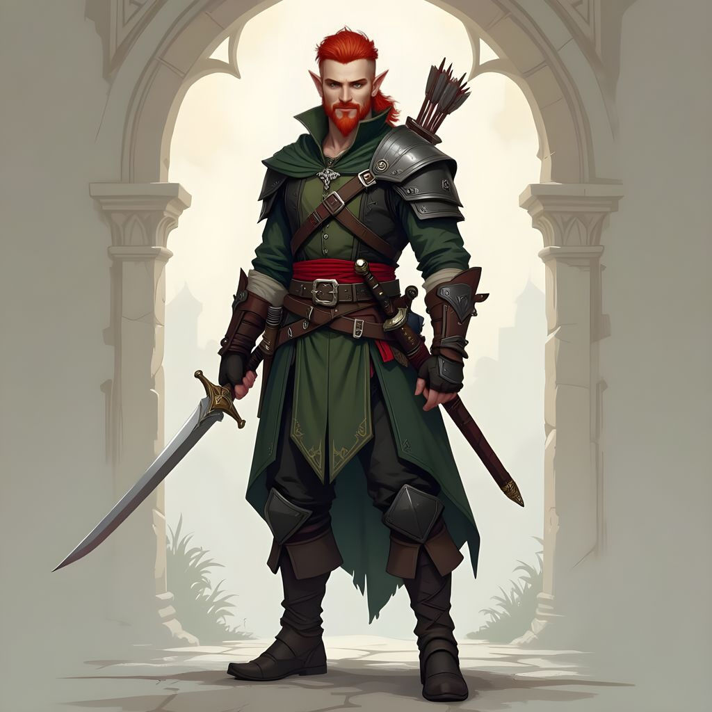 D&D Elf Ranger Warrior with Red Hair and Blades