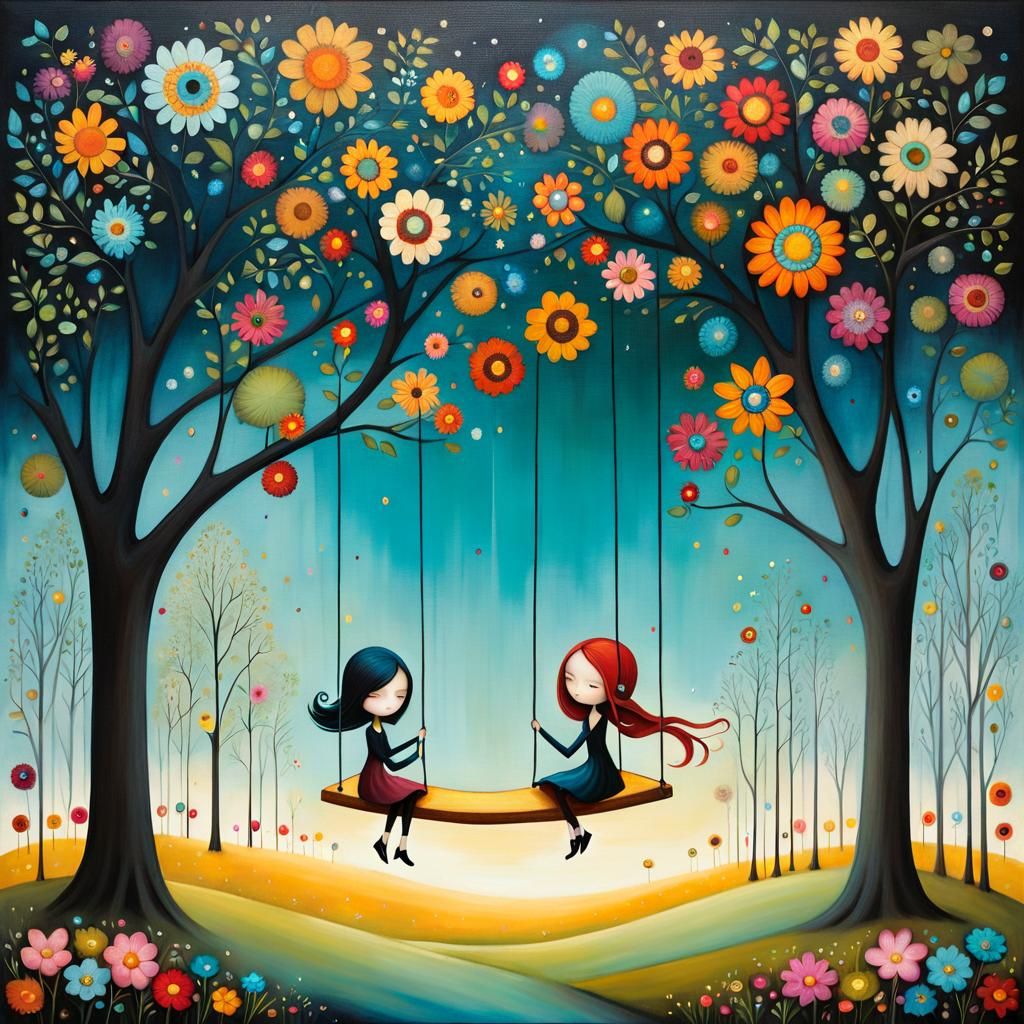 Girl on Playground Swing in Surrealist Style