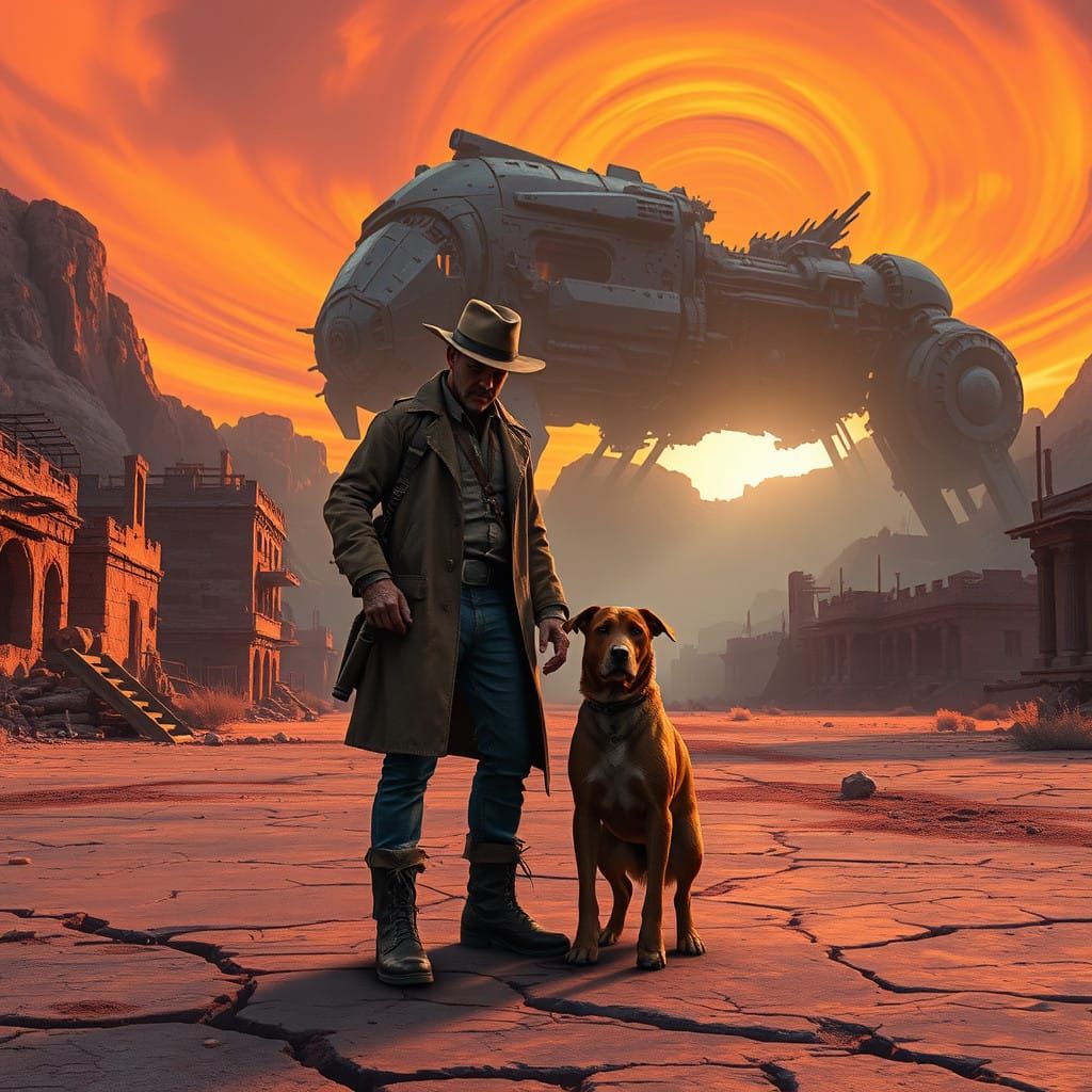 Weathered Cowboy Stands Resolute in Post-Apocalyptic Desert....