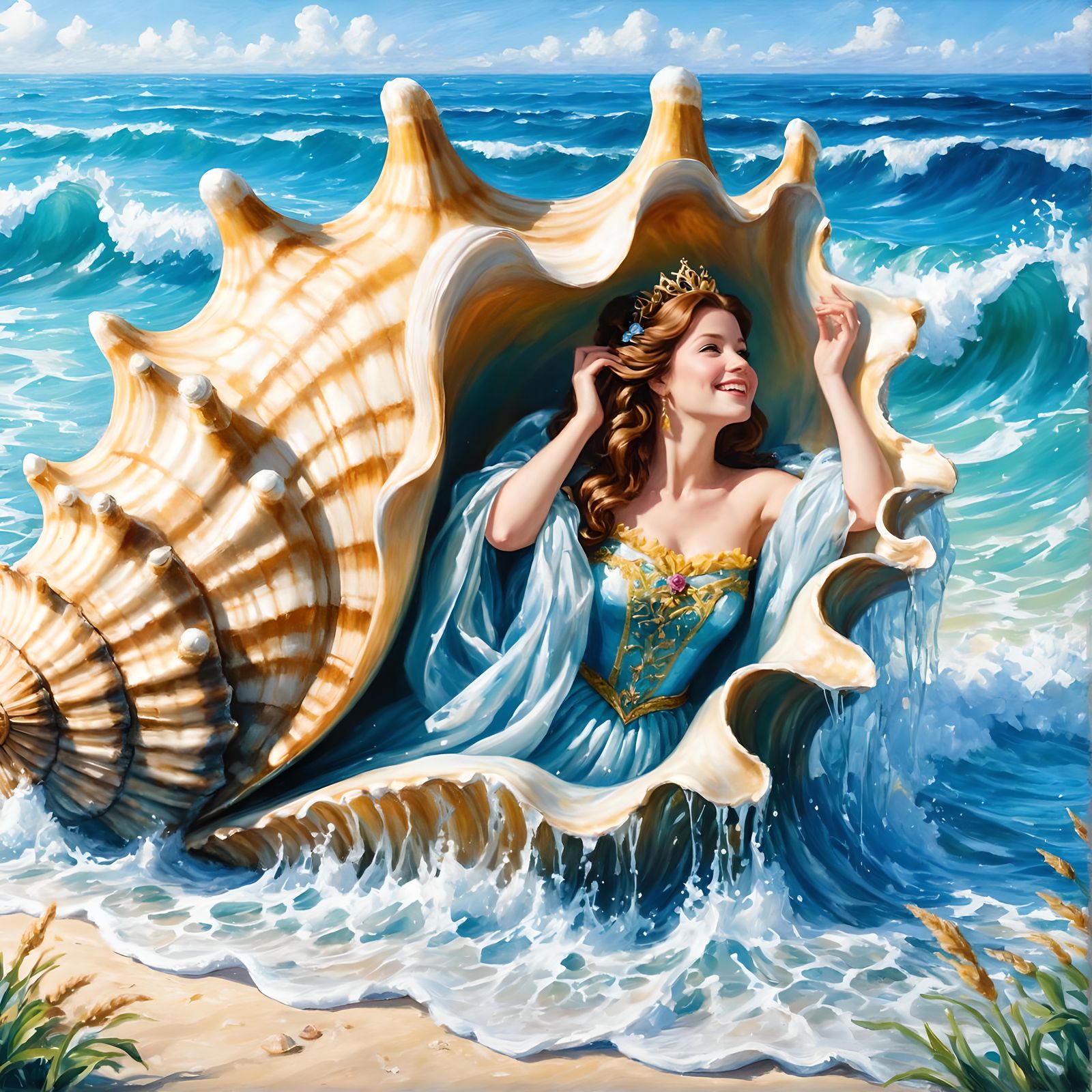 Princess in Seashell: A Sunny Oil Painting