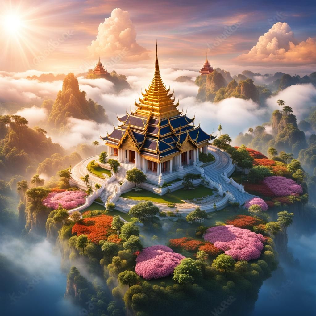 Floating Thai Temple Above Clouds in Vivid Colors