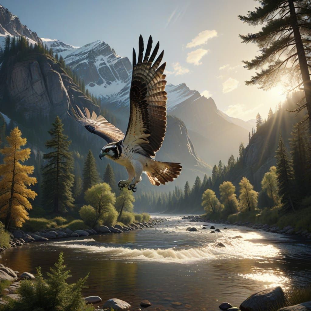 Osprey in Flight Over River Basin, Golden Hour Matte Paintin...