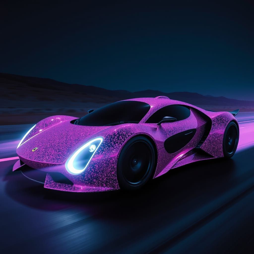 Futuristic Purple Glitter Car on Dark Road