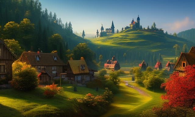 Fairytale Village at Forest Edge: Digital Art