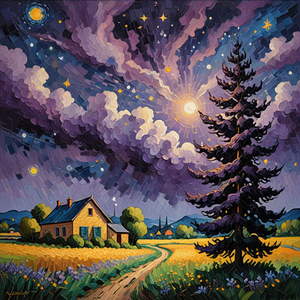 Vibrant Neo-Impressionist Painting of a Starry Night Sky