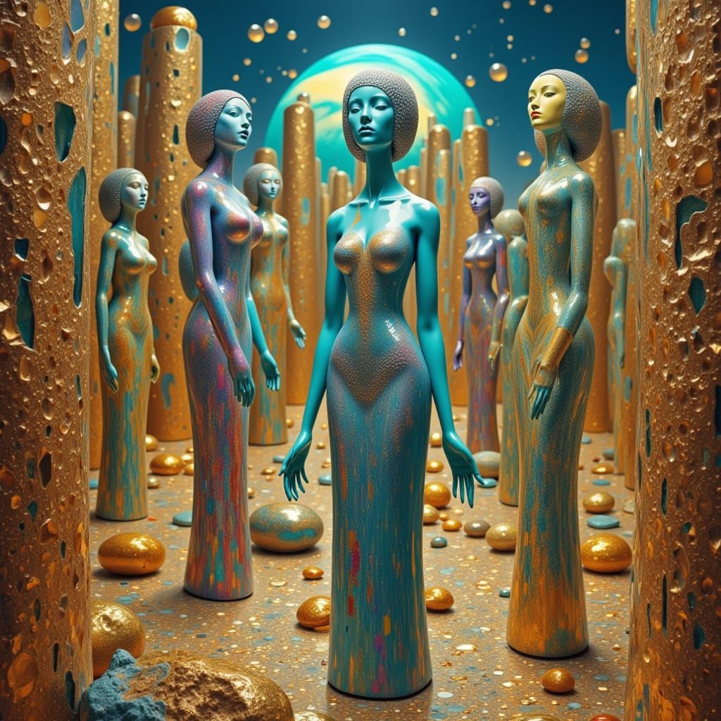 Golden City with Gemstone Goddesses and Glowing Sky