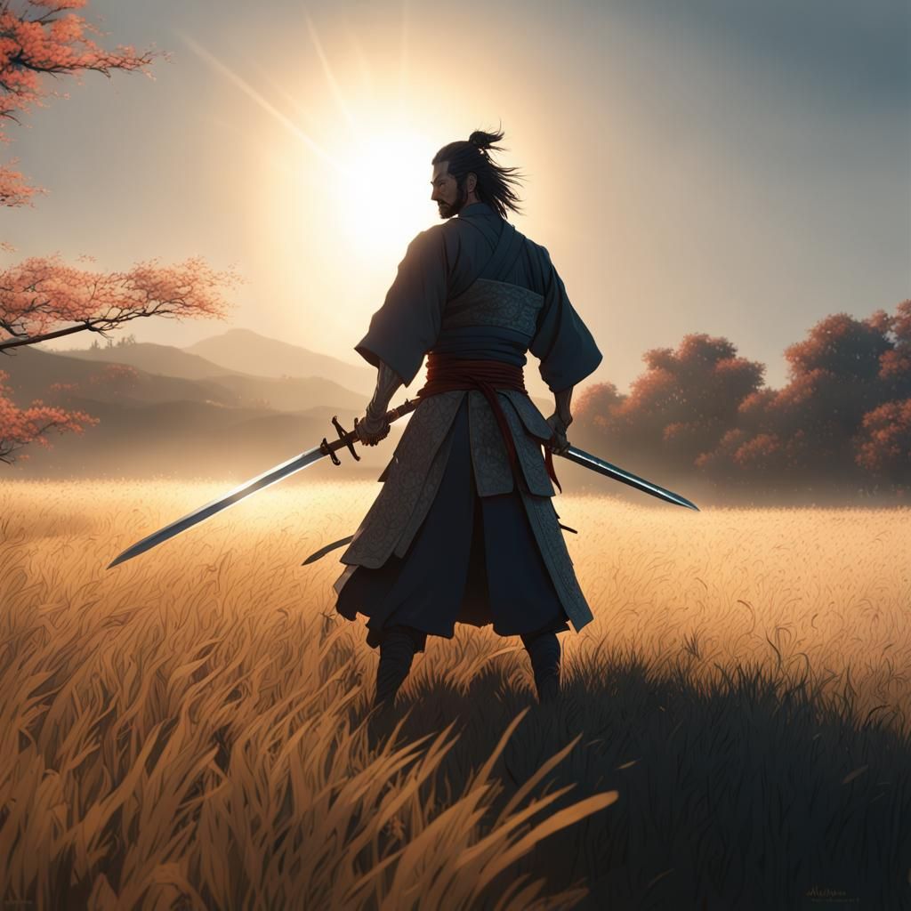 Miyamoto Musashi Battle Stance: Dark Fantasy Concept Art