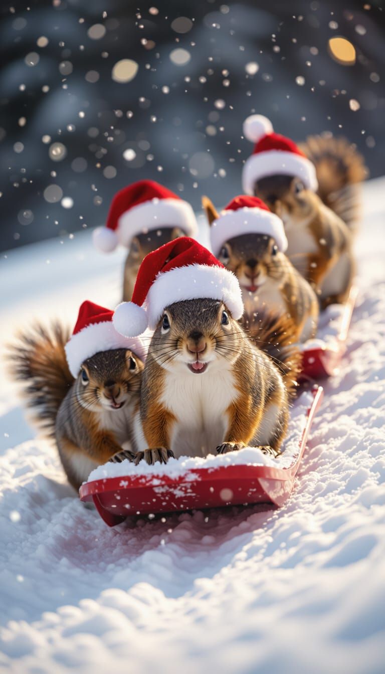 Happy Squirrels in Santa Hats Tobogganing in Snowy Scene