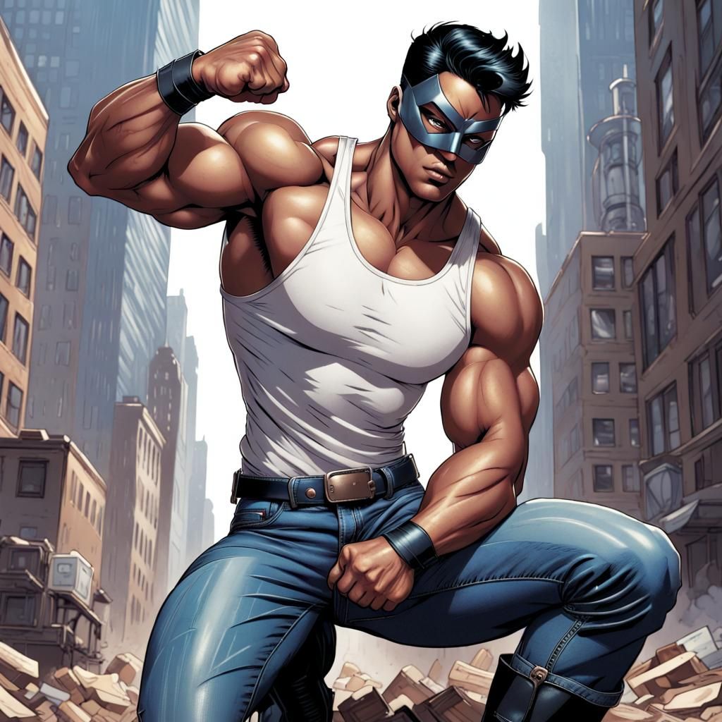 Muscular Man in Superhero Mask Comic Book Art