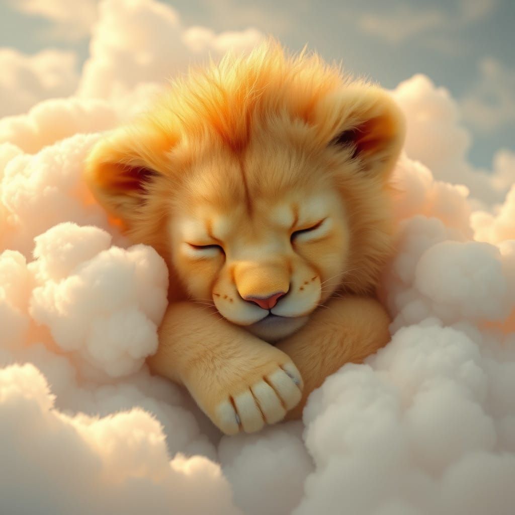 Dreamy Cloudscape with Adorable Golden Lion Cub