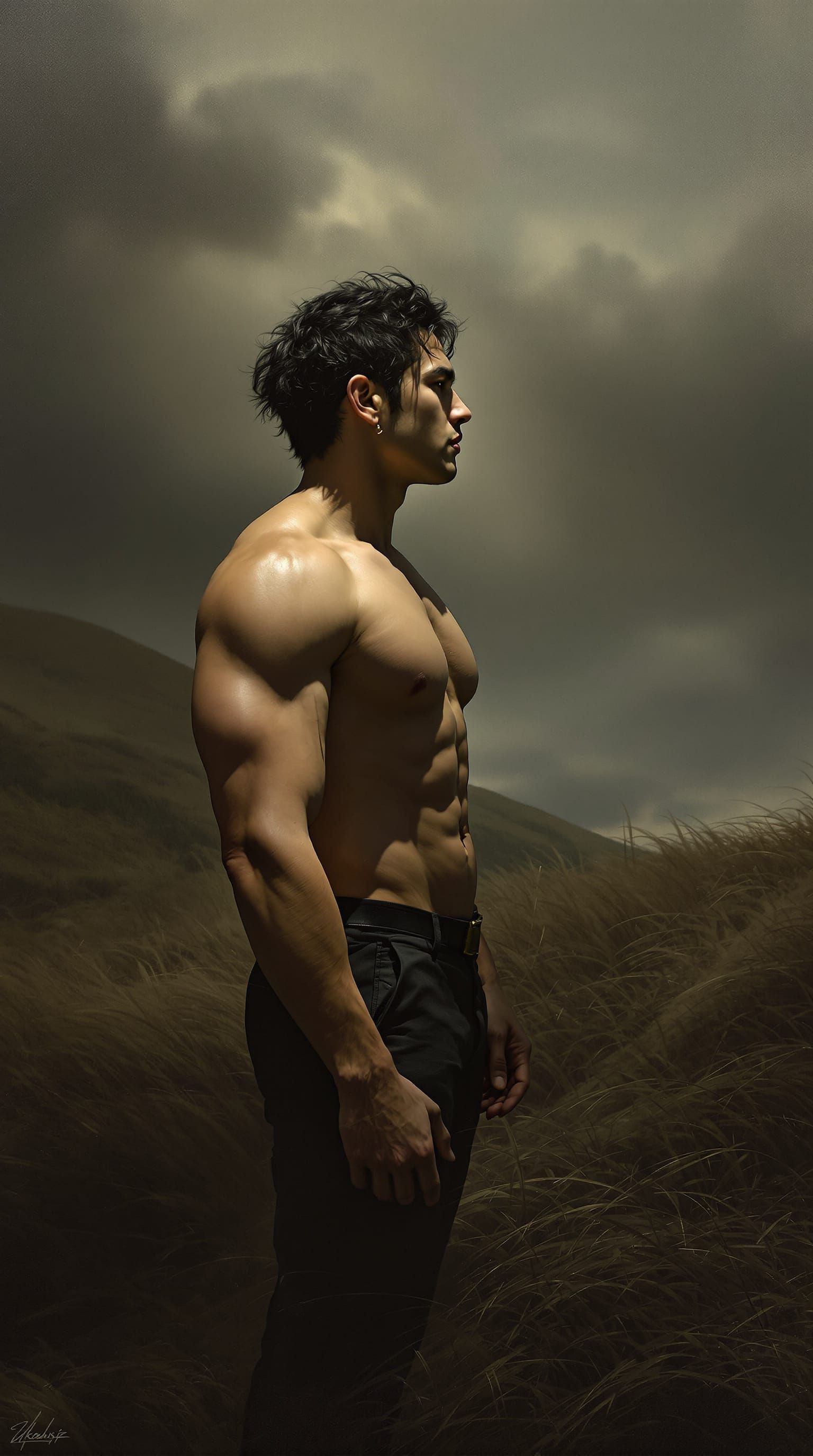 Man with Star Physique on Windswept Moors