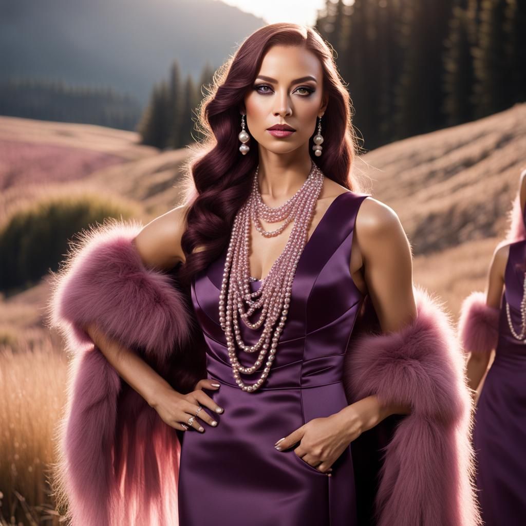 Woman in Purple Dress with Pearl Necklace, Photo-realistic