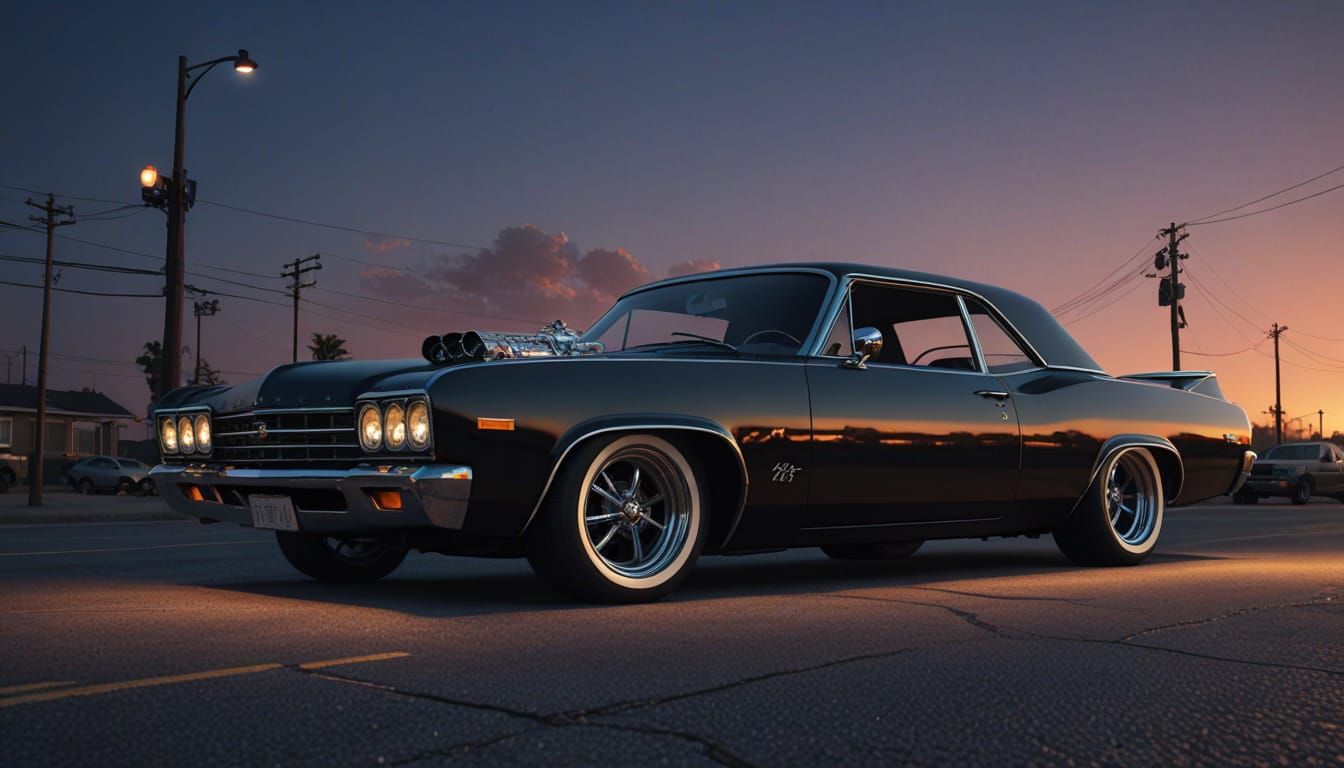 Hot Rod and Lowrider at Dusk: Realistic Digital Art