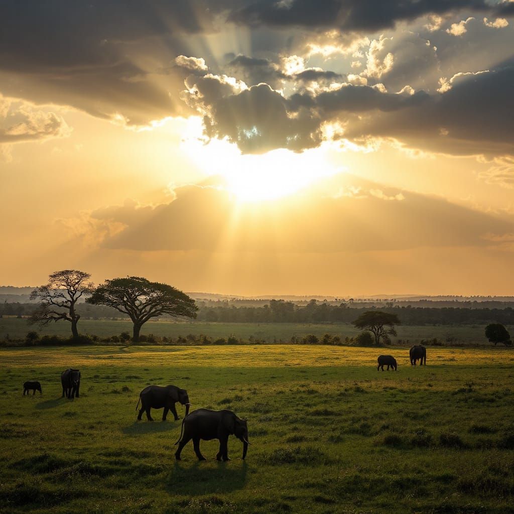 Crepuscular Sun Rays Over a Vibrant Savanna