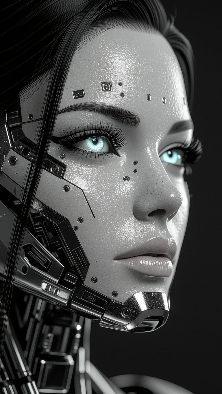 Cyborg Goddess in High-Contrast Black and White