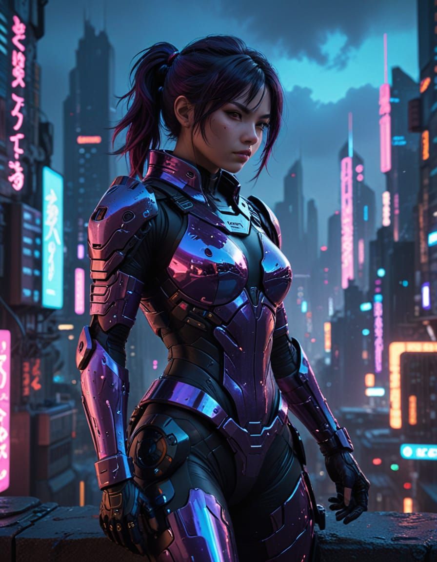 Cyberpunk Ninja Overlooking Futuristic Metropolis in Anime S...
